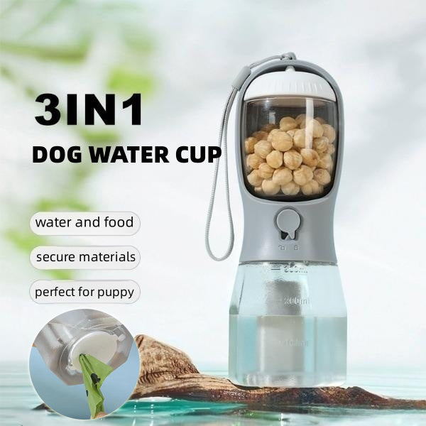 3-in-1 Portable Dog Water Bottle, Food Container & Waste Bag Dispenser