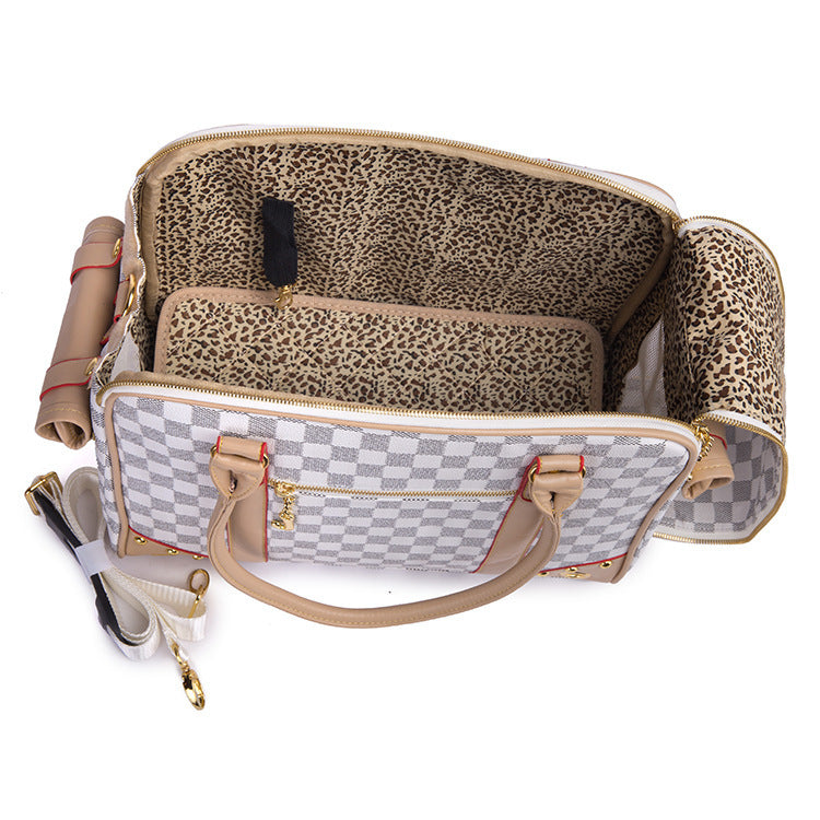 Luxury Checkerboard Pet Travel Bag – Breathable, Durable & Stylish