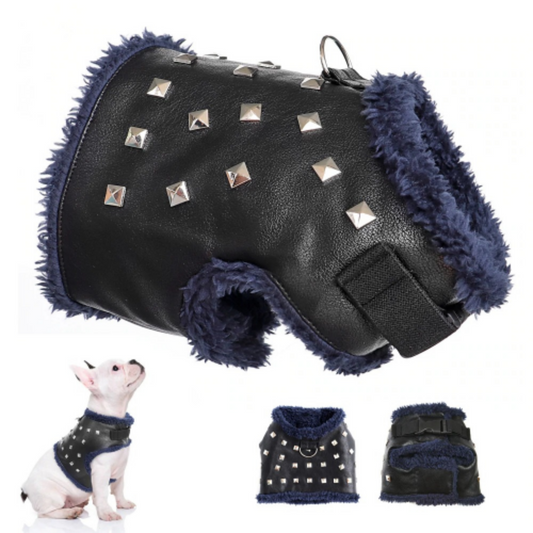 Faux Leather Dog & Cat Harness Coat – Stylish, Warm & Comfortable (with Studded Biker Look)