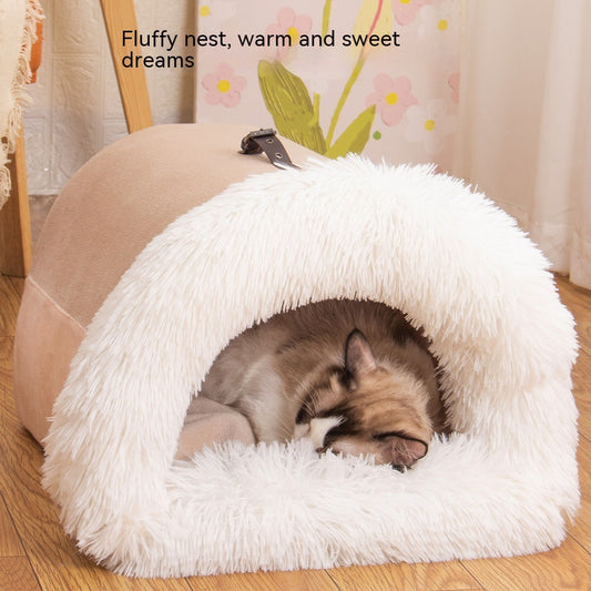 Portable Striped Plush Dog Nest – Cozy Travel Bed & Carrier for Small Pets