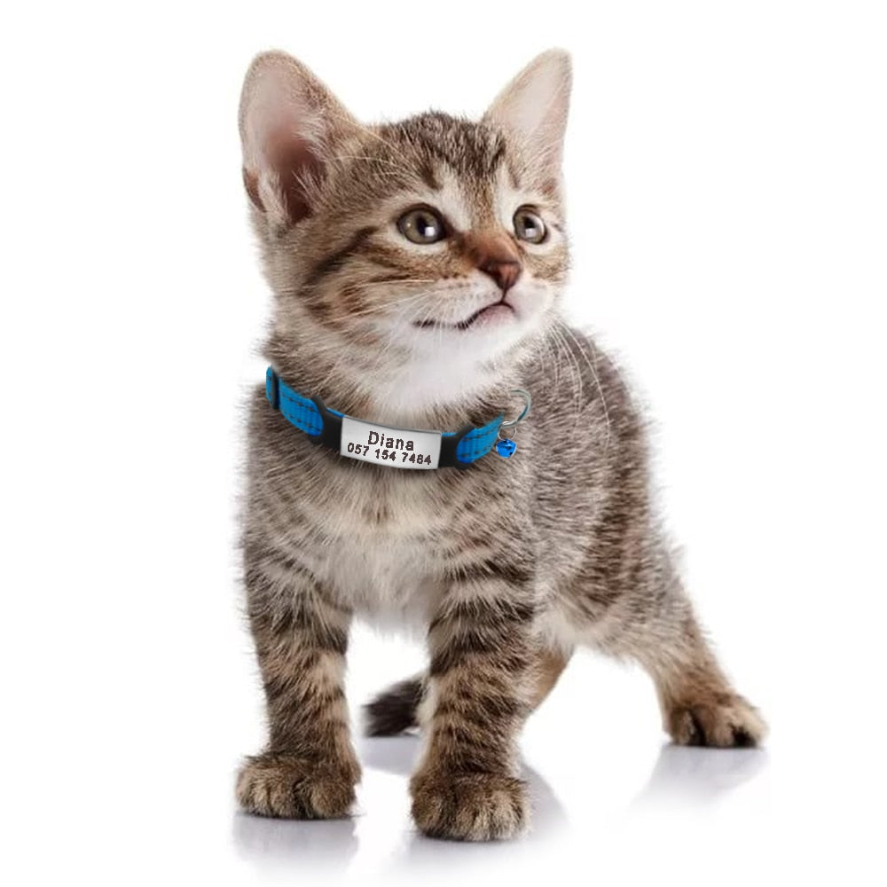 Personalized Reflective Nylon Cat Collar – Custom Name ID Tag for Night Safety & Style