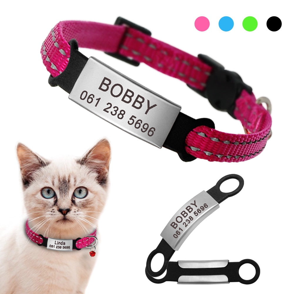 Personalized Reflective Nylon Cat Collar – Custom Name ID Tag for Night Safety & Style