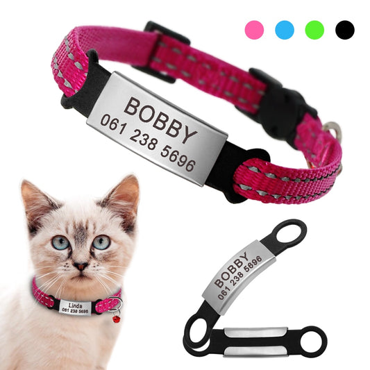 Personalized Reflective Nylon Cat Collar – Custom Name ID Tag for Night Safety & Style